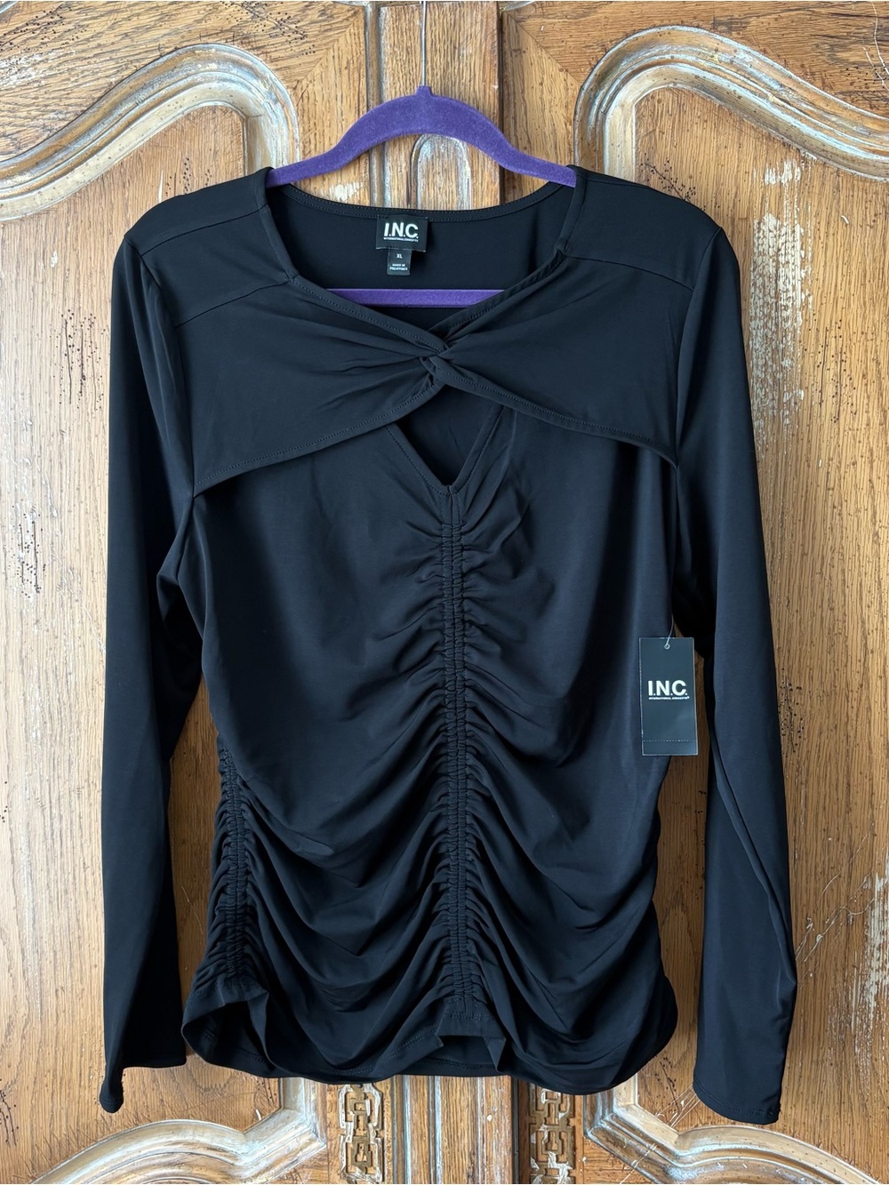International Concepts Black Ruched Keyhole Twist Neck Top XL NWT